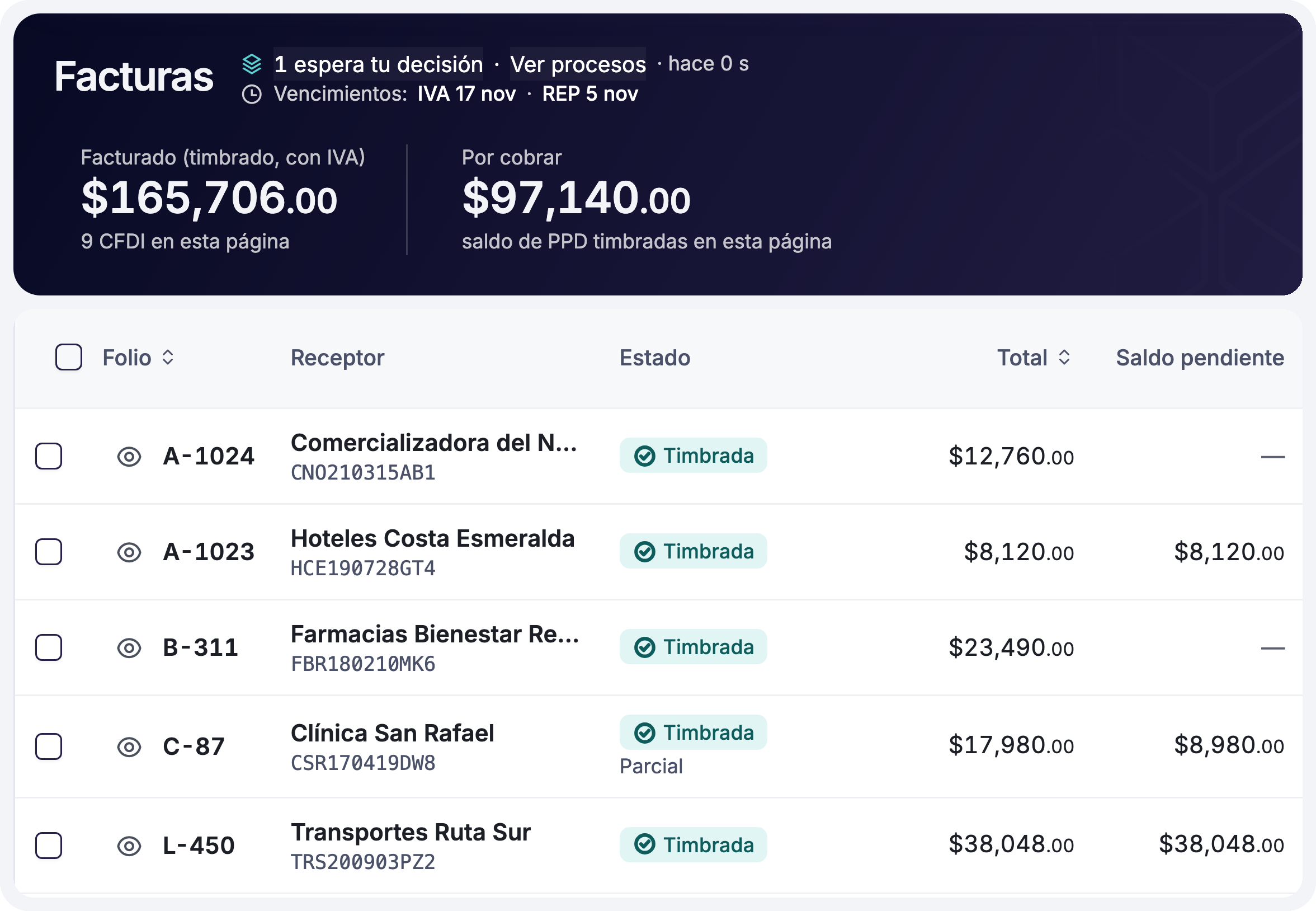 Lista de facturas timbradas con total y saldo pendiente